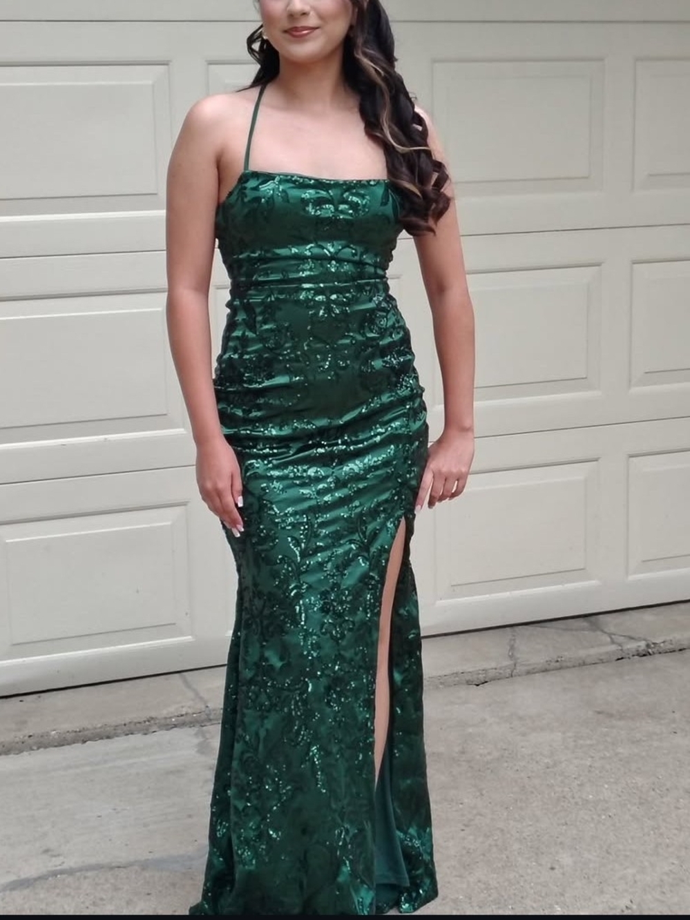 Emerald Green Sequin Halter Evening Dress